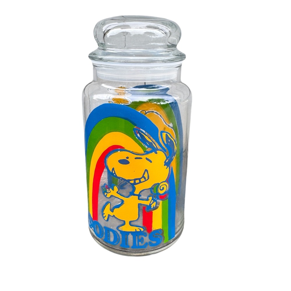 Peanuts Snoopy Woodstock Rainbow Goodies Glass Apothecary Jar 8.5" Vintage
